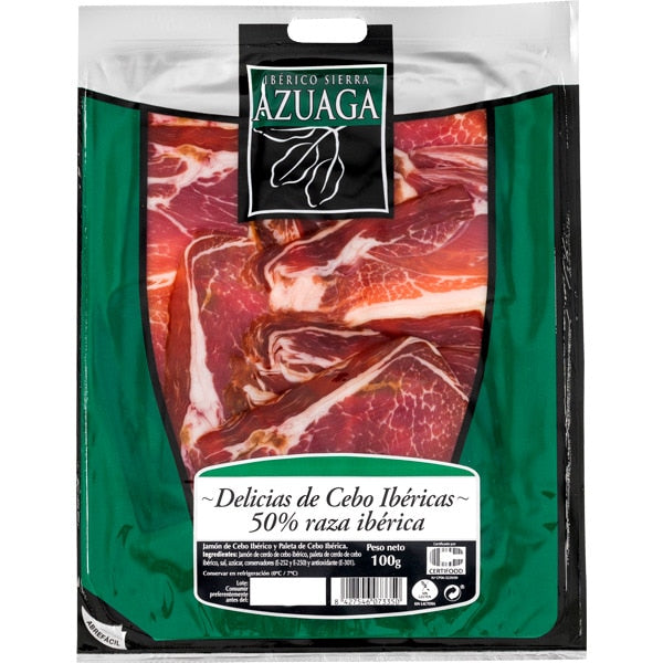 SIERRA DE AZUAGA Delicias Ibéricas jamón y paleta de cebo ibérico 50% raza ibérica en lonchas sin gluteno