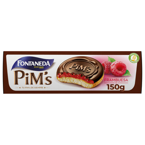 PIM´S de Fontaneda Galletas de bizcocho recubiertas de frambuesa con una fina capa de chocolate 150 g