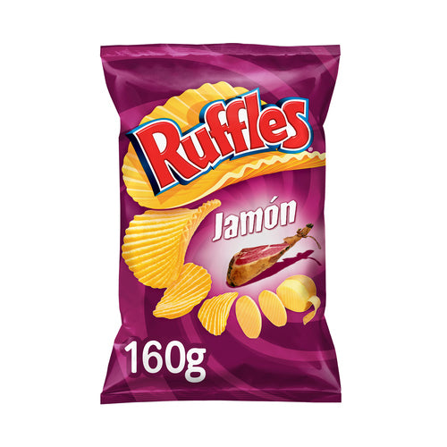 RUFFLES Patatas fritas onduladas con sabor jamón.